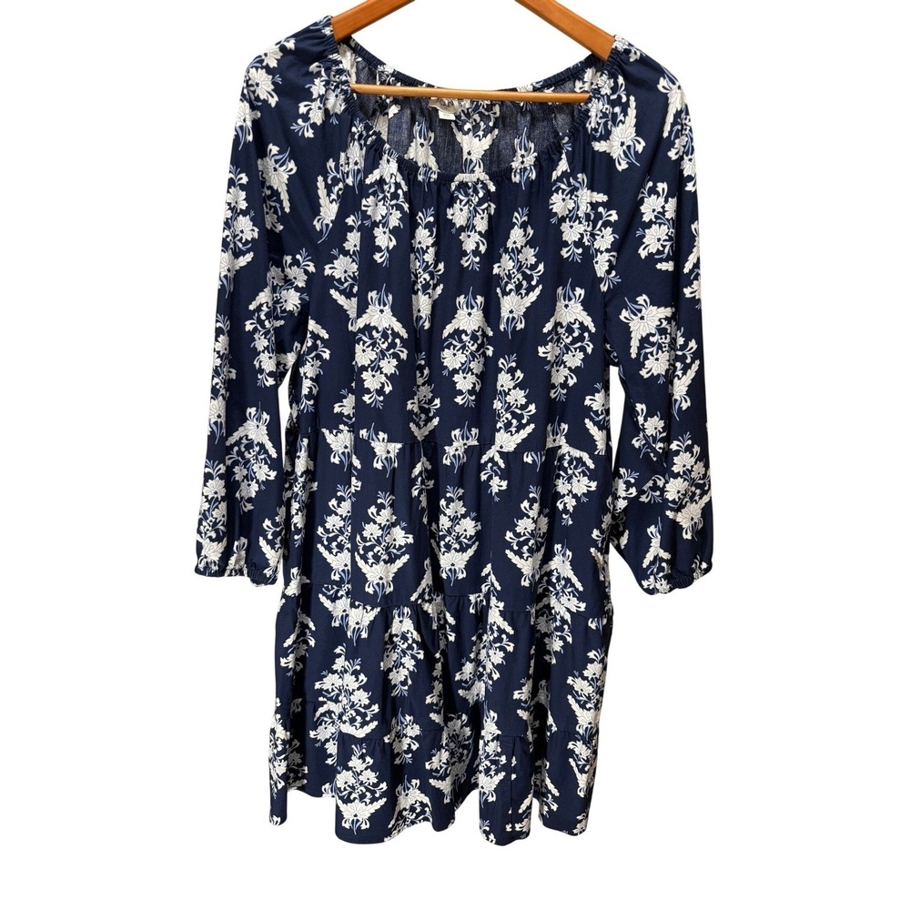 J.Crew Tiered Mini Dress Womens 2X‎ Navy Blue Floral Pockets Cotton Coastal